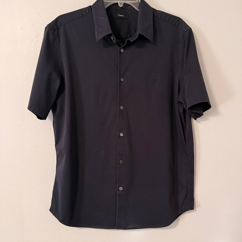 Theory Irving S Structure Knit Shirt Mens XL Navy Blue Short Sleeve Button Down